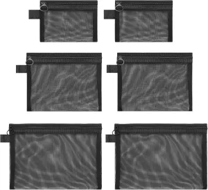 6-piece black mesh nylon cosmetic bag set, portable storage for pencils, lipsticks and makeup travel, suitable for travel and daily use S/M/L size