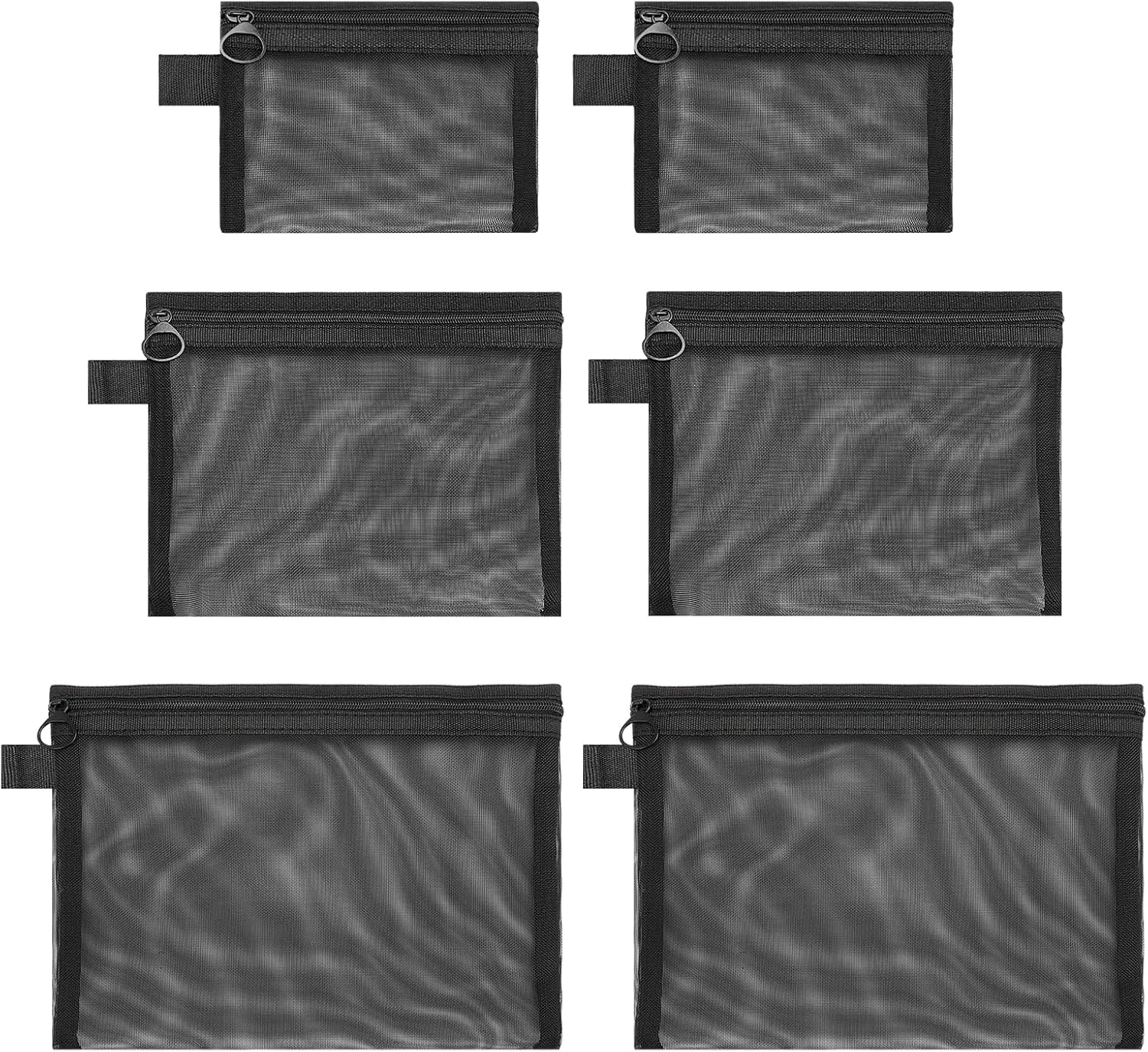 6-piece black mesh nylon cosmetic bag set, portable storage for pencils, lipsticks and makeup travel, suitable for travel and daily use S/M/L size