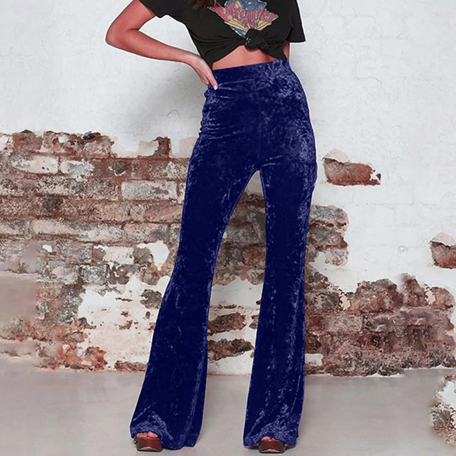 Akklian Women's High Waist Wide Leg Long Palazzo Bell Bottom Yoga Pants Velvet Elastic Waist Flare Leg Trendy Long Trousers