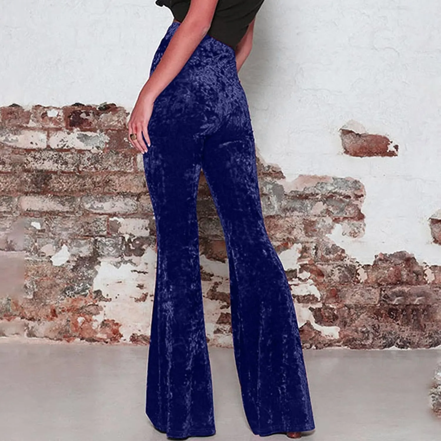 Akklian Women's High Waist Wide Leg Long Palazzo Bell Bottom Yoga Pants Velvet Elastic Waist Flare Leg Trendy Long Trousers