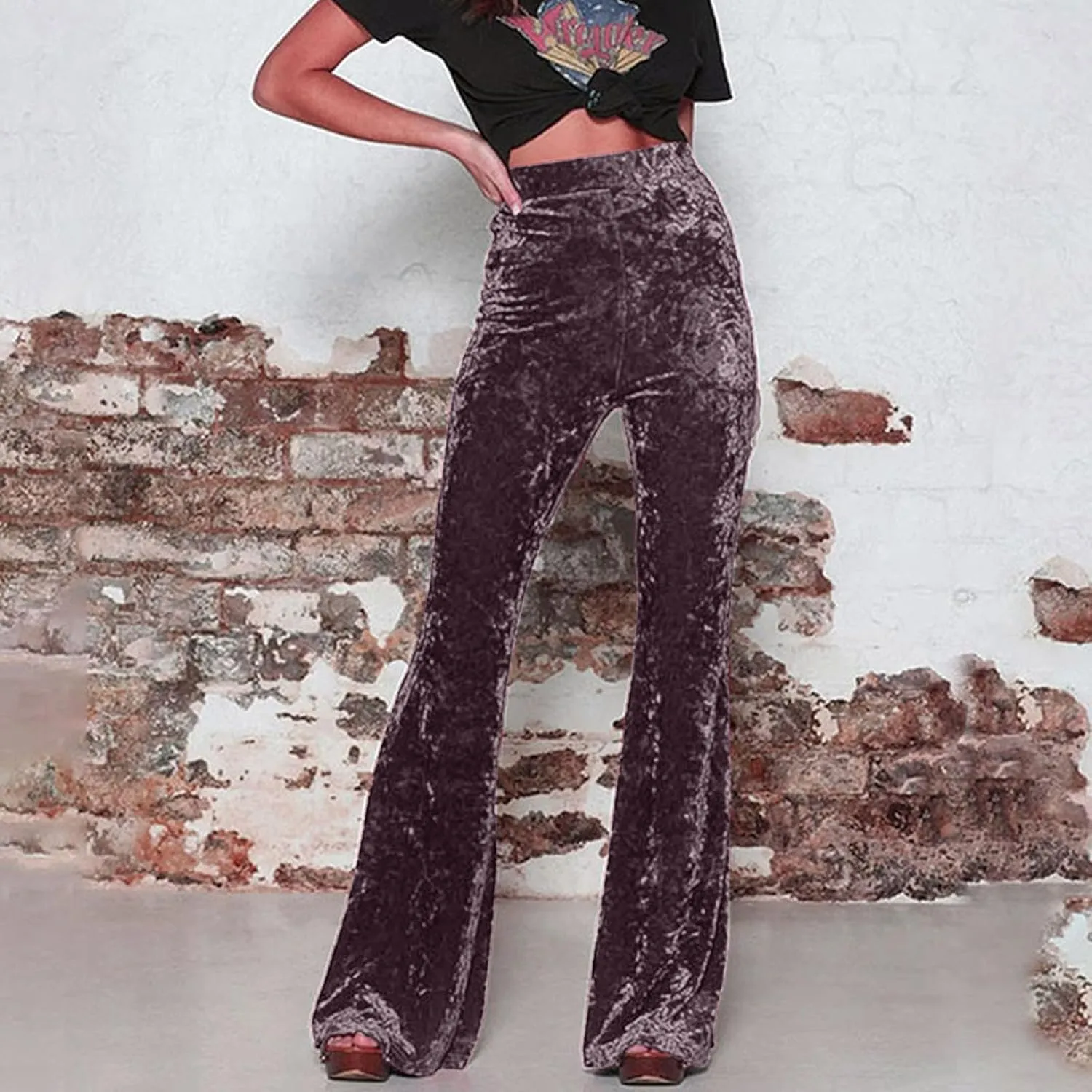 Akklian Women's High Waist Wide Leg Long Palazzo Bell Bottom Yoga Pants Velvet Elastic Waist Flare Leg Trendy Long Trousers