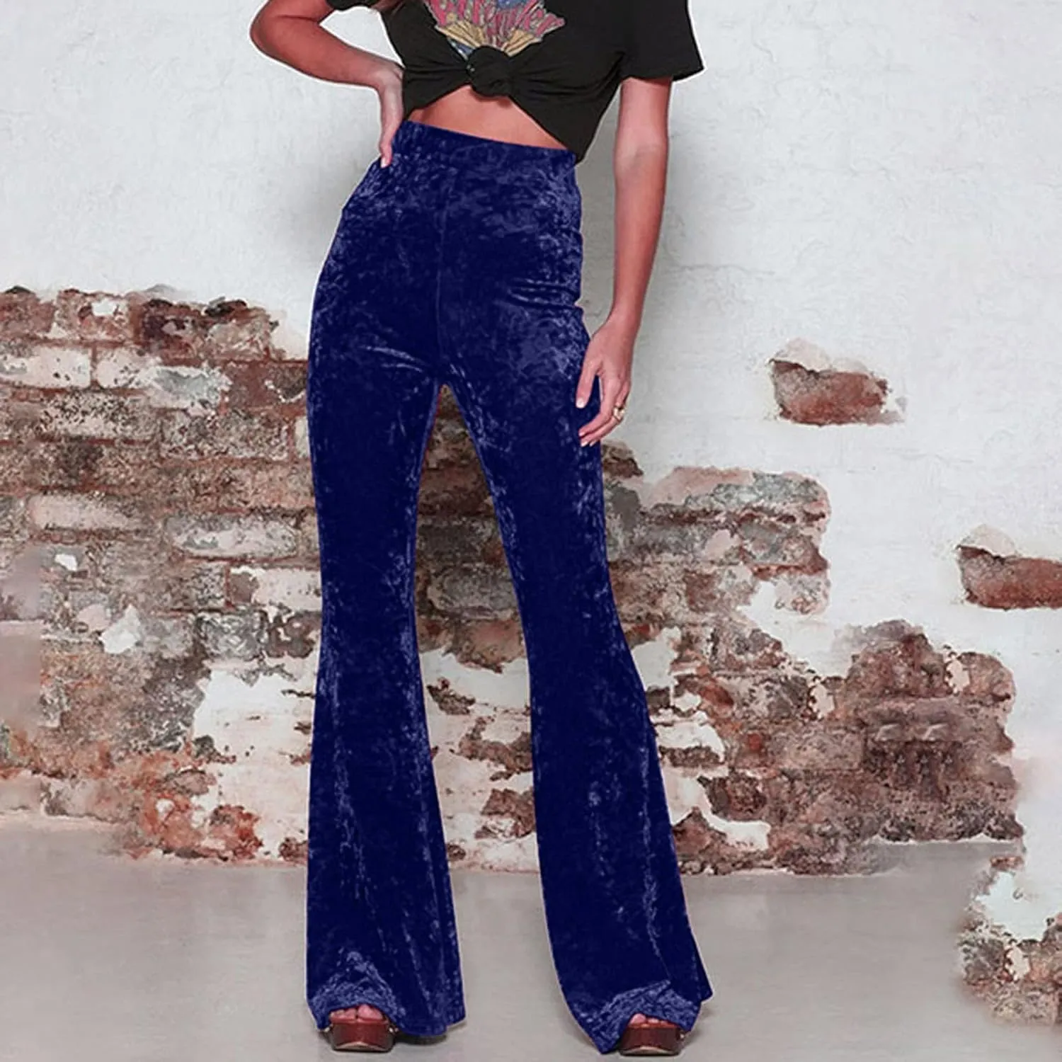 Akklian Women's High Waist Wide Leg Long Palazzo Bell Bottom Yoga Pants Velvet Elastic Waist Flare Leg Trendy Long Trousers