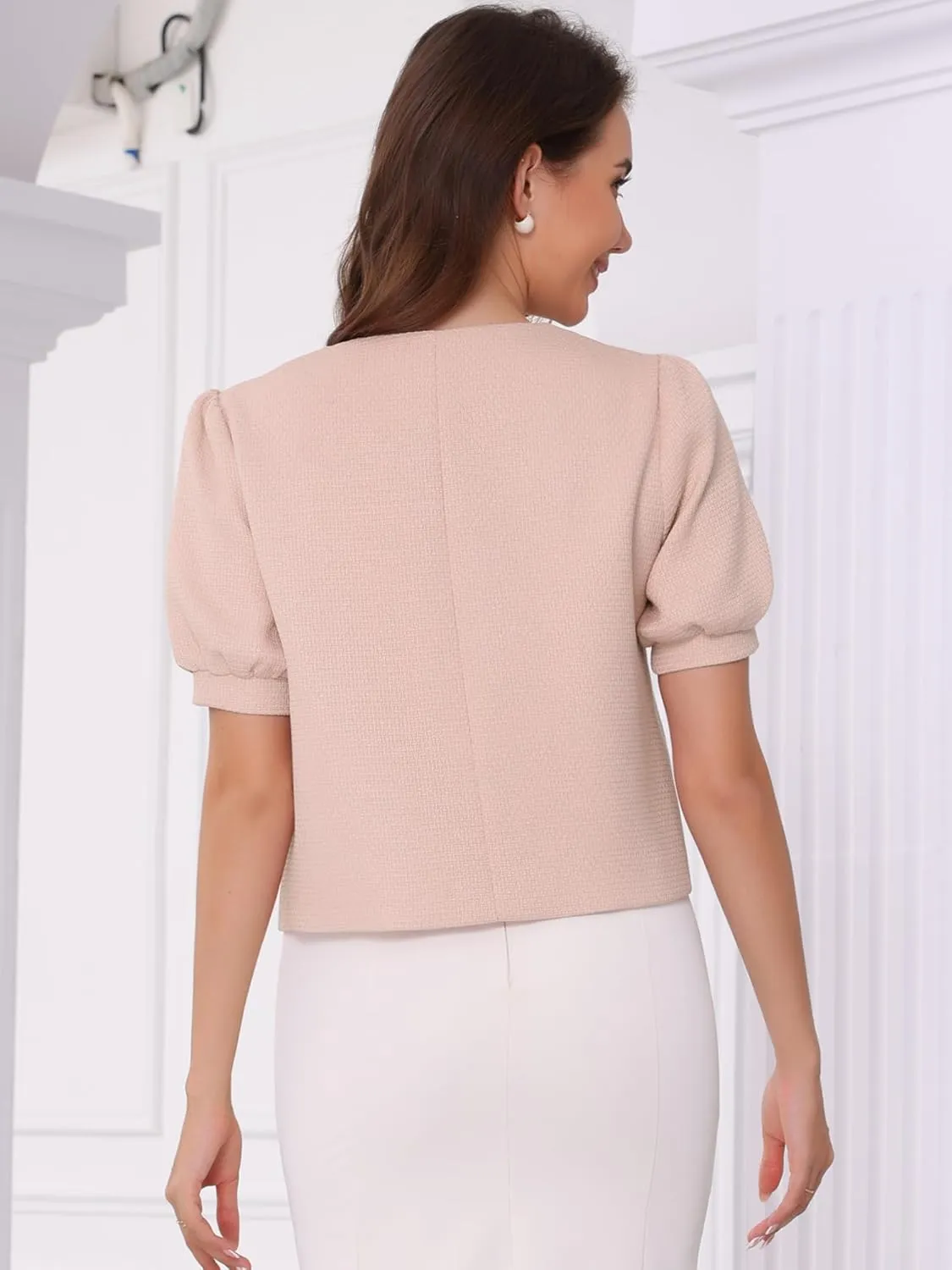 Allegra K Cropped Tweed Jacket for Women's Summer Puff Short Sleeve Crew Neck Office Work Blazer