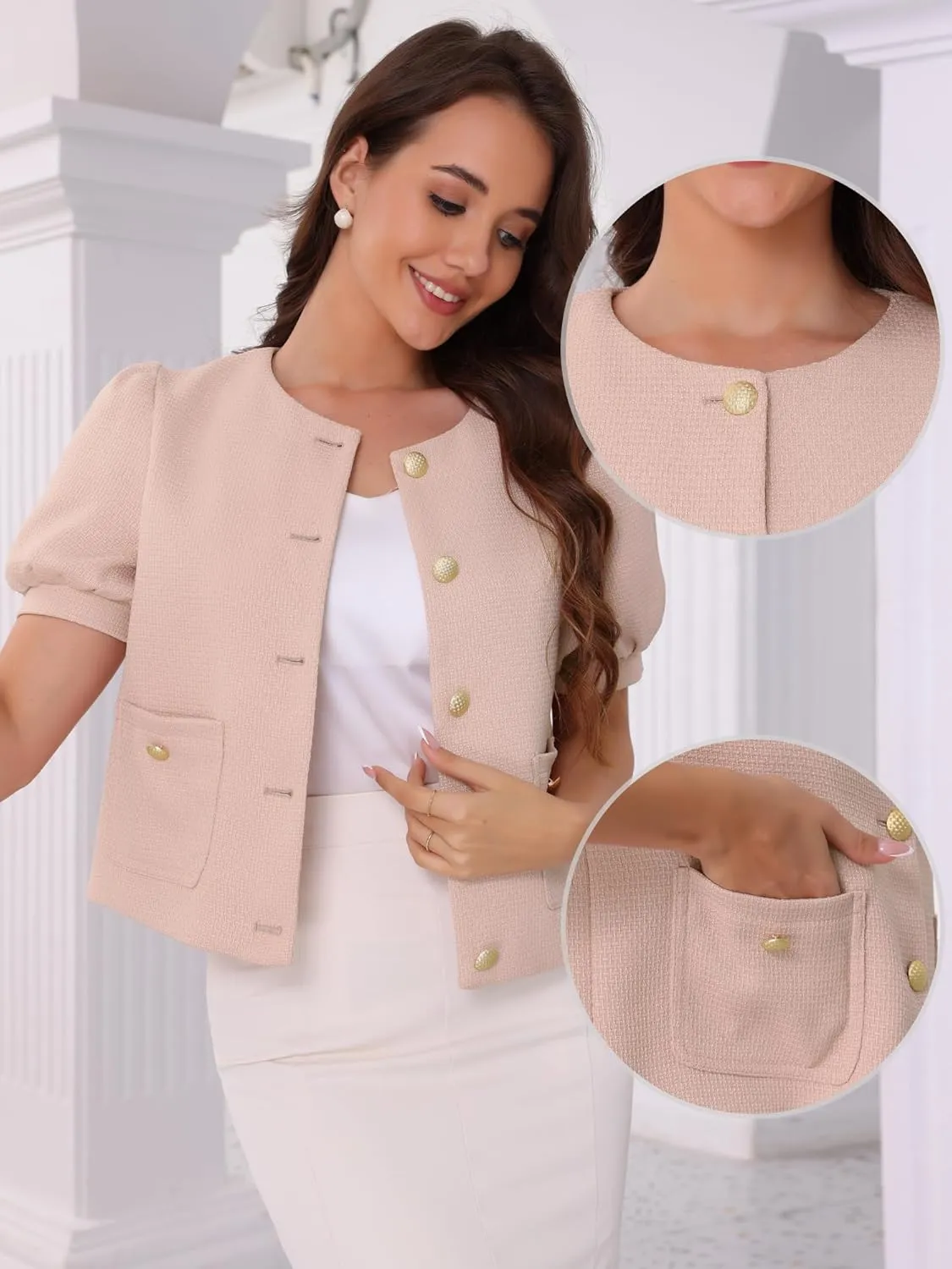 Allegra K Cropped Tweed Jacket for Women's Summer Puff Short Sleeve Crew Neck Office Work Blazer