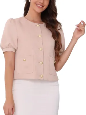 Allegra K Cropped Tweed Jacket for Women's Summer Puff Short Sleeve Crew Neck Office Work Blazer
