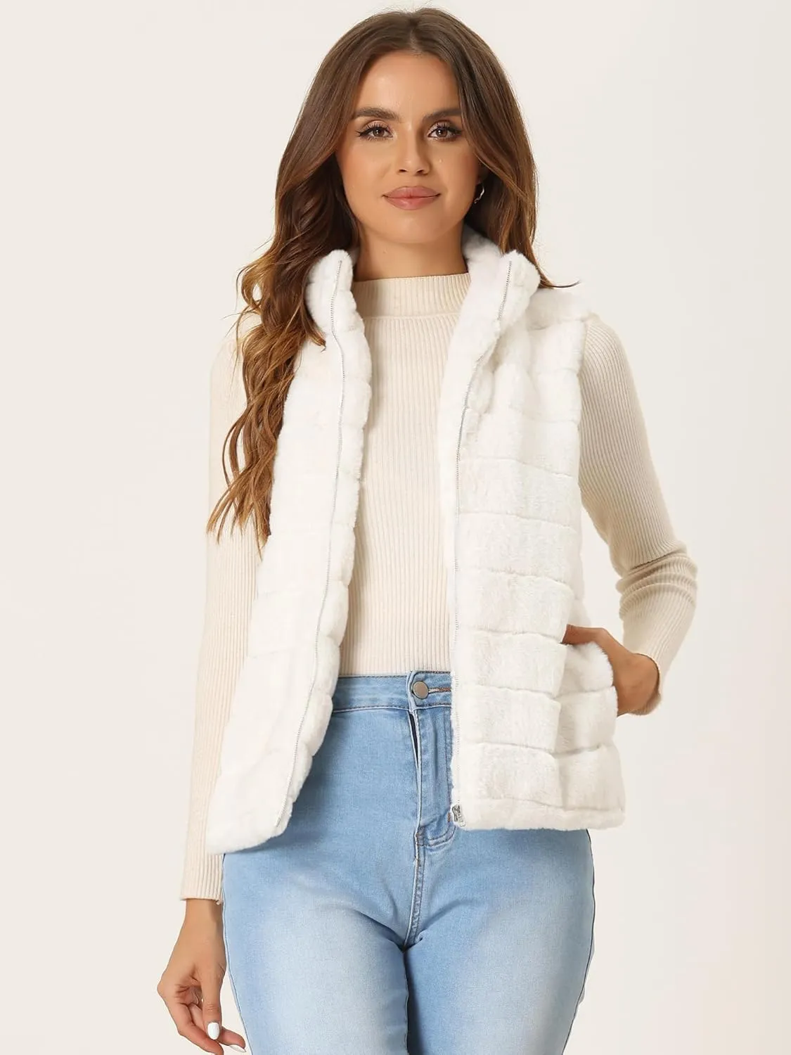 Allegra K Faux Fur Vest for Women's Zip-Up Sleeveless Fur Jacket