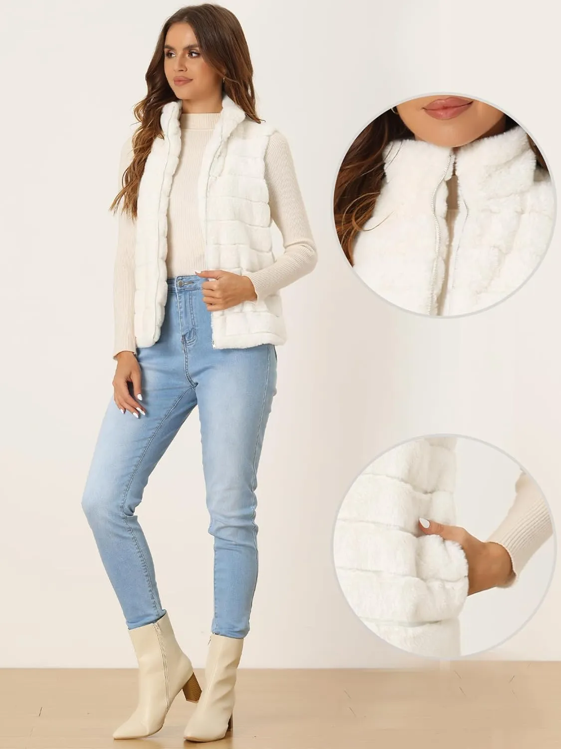 Allegra K Faux Fur Vest for Women's Zip-Up Sleeveless Fur Jacket