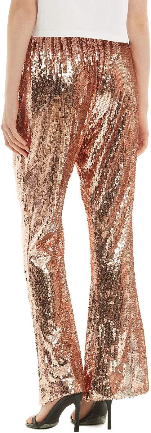 Anna-Kaci Women's Elastic Waist Sparkly Sequin 70's Disco Wide Leg Flare Palazzo Pants