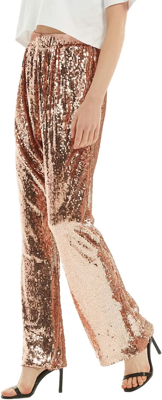 Anna-Kaci Women's Elastic Waist Sparkly Sequin 70's Disco Wide Leg Flare Palazzo Pants