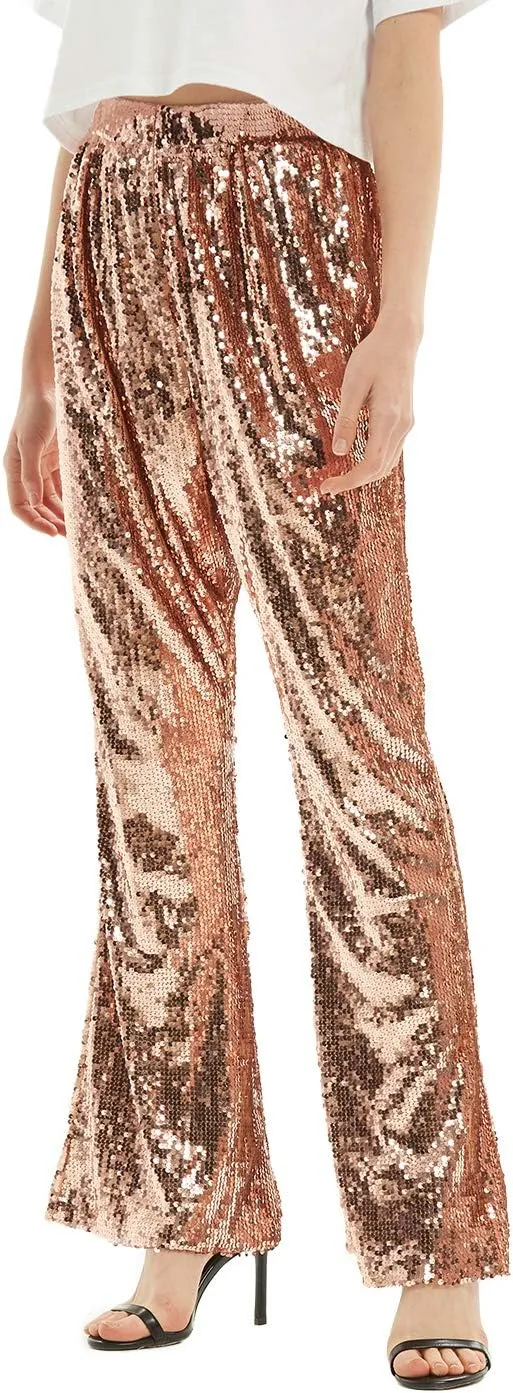 Anna-Kaci Women's Elastic Waist Sparkly Sequin 70's Disco Wide Leg Flare Palazzo Pants