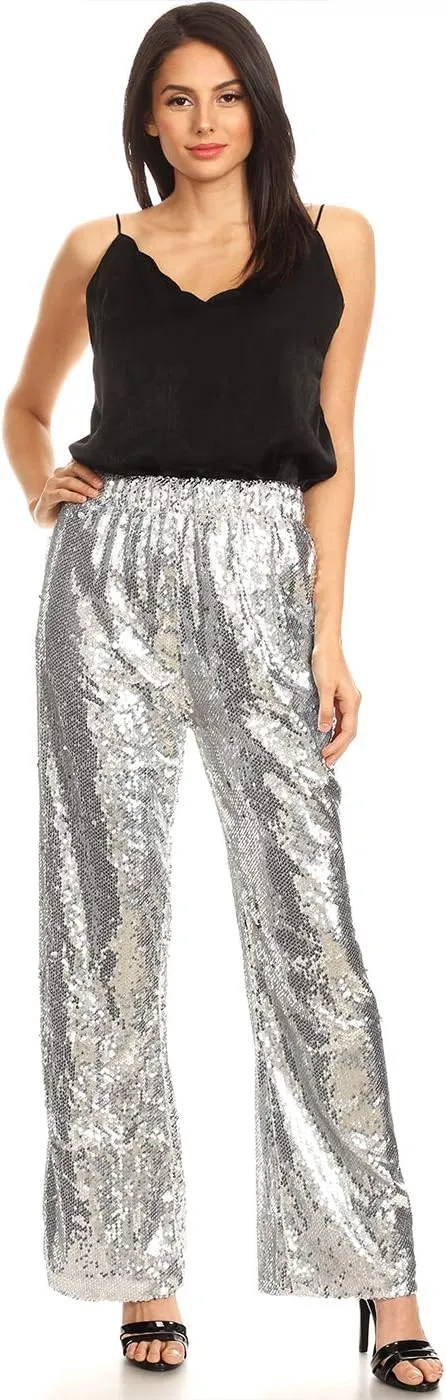 Anna-Kaci Women's Elastic Waist Sparkly Sequin 70's Disco Wide Leg Flare Palazzo Pants