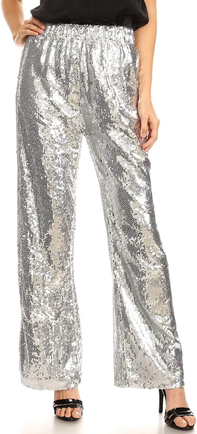 Anna-Kaci Women's Elastic Waist Sparkly Sequin 70's Disco Wide Leg Flare Palazzo Pants
