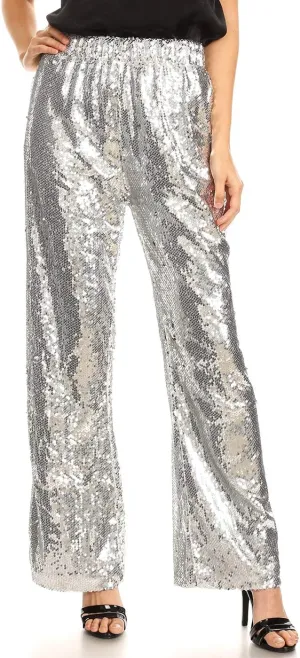 Anna-Kaci Women's Elastic Waist Sparkly Sequin 70's Disco Wide Leg Flare Palazzo Pants