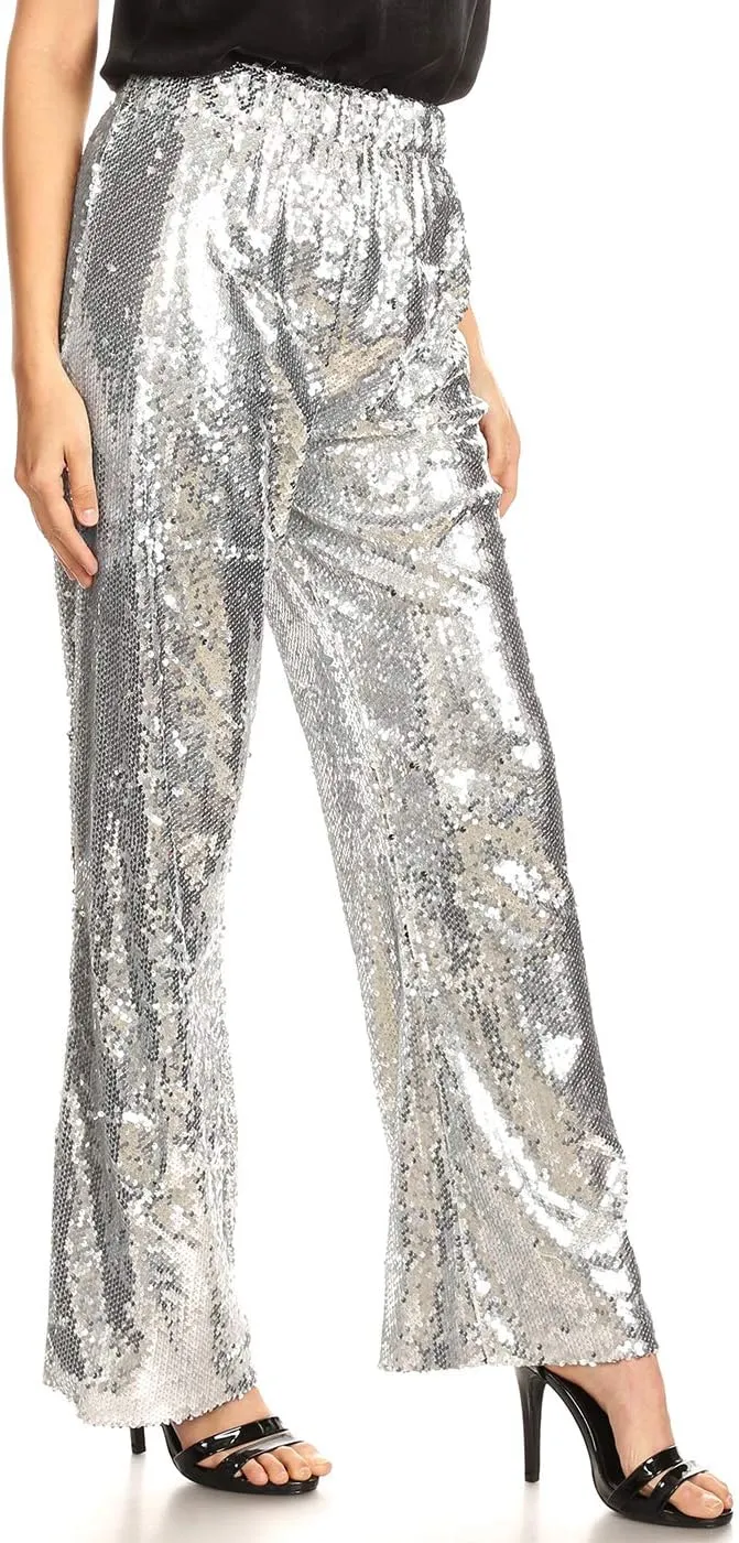 Anna-Kaci Women's Elastic Waist Sparkly Sequin 70's Disco Wide Leg Flare Palazzo Pants