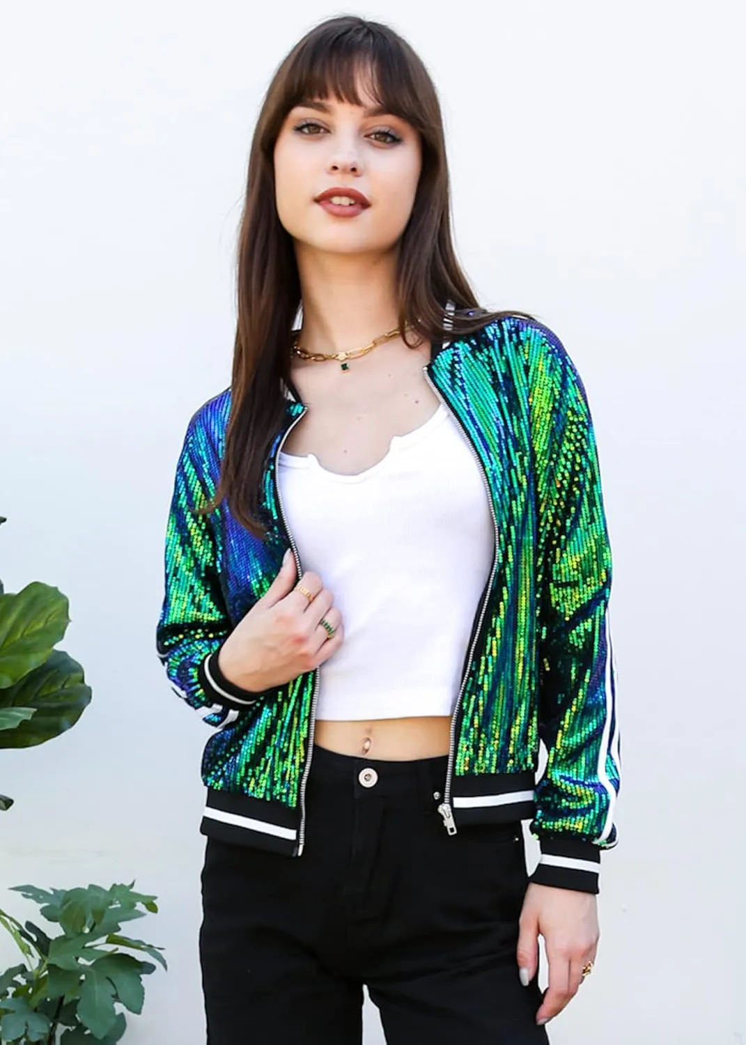 Anna-Kaci Womens Long Sleeve Front Zip Track Stripe Sequin Bomber Jacket