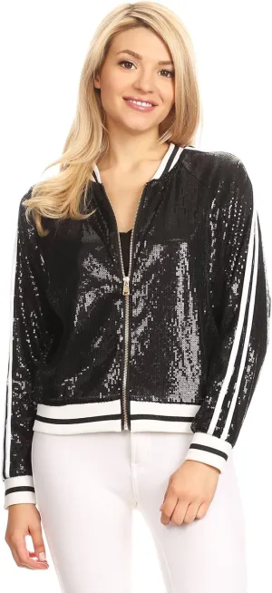 Anna-Kaci Womens Long Sleeve Front Zip Track Stripe Sequin Bomber Jacket