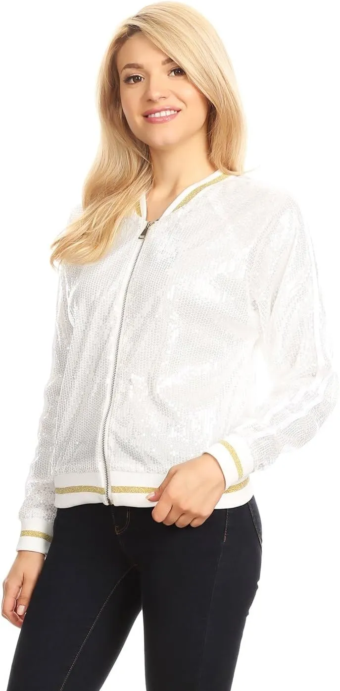 Anna-Kaci Womens Long Sleeve Front Zip Track Stripe Sequin Bomber Jacket