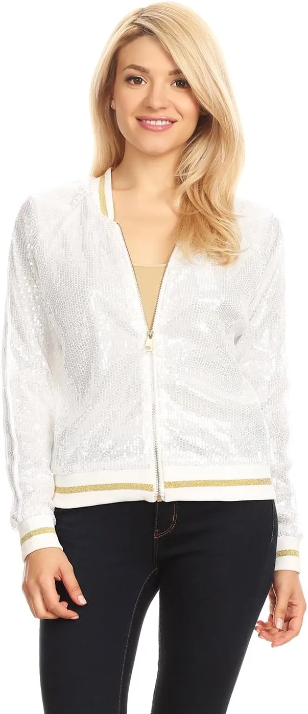 Anna-Kaci Womens Long Sleeve Front Zip Track Stripe Sequin Bomber Jacket