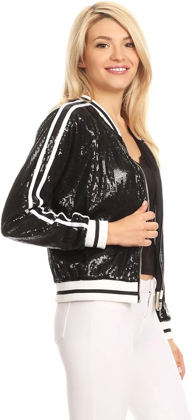 Anna-Kaci Womens Long Sleeve Front Zip Track Stripe Sequin Bomber Jacket
