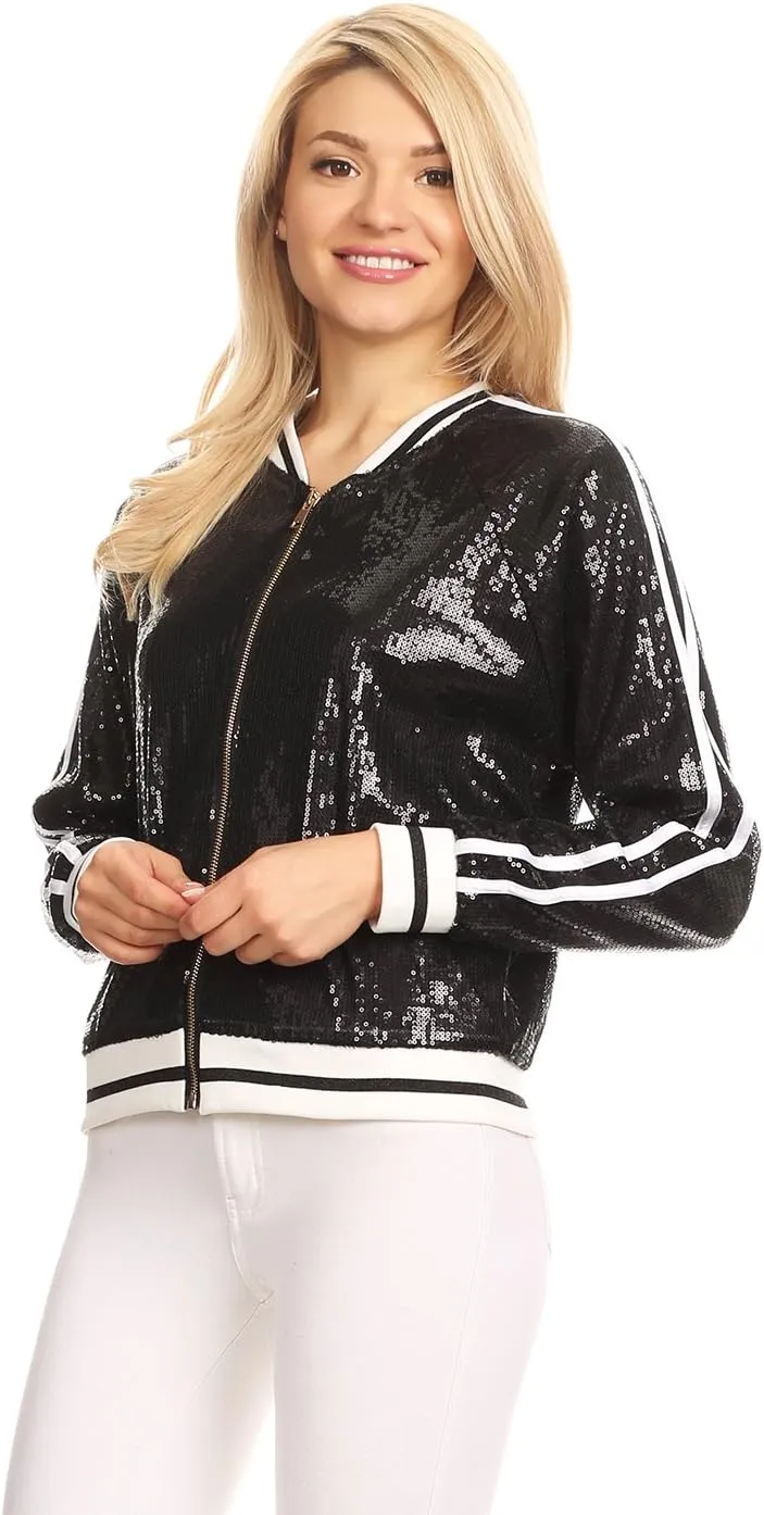 Anna-Kaci Womens Long Sleeve Front Zip Track Stripe Sequin Bomber Jacket