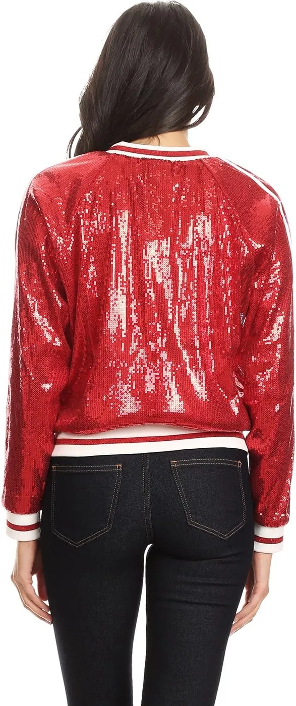 Anna-Kaci Womens Long Sleeve Front Zip Track Stripe Sequin Bomber Jacket