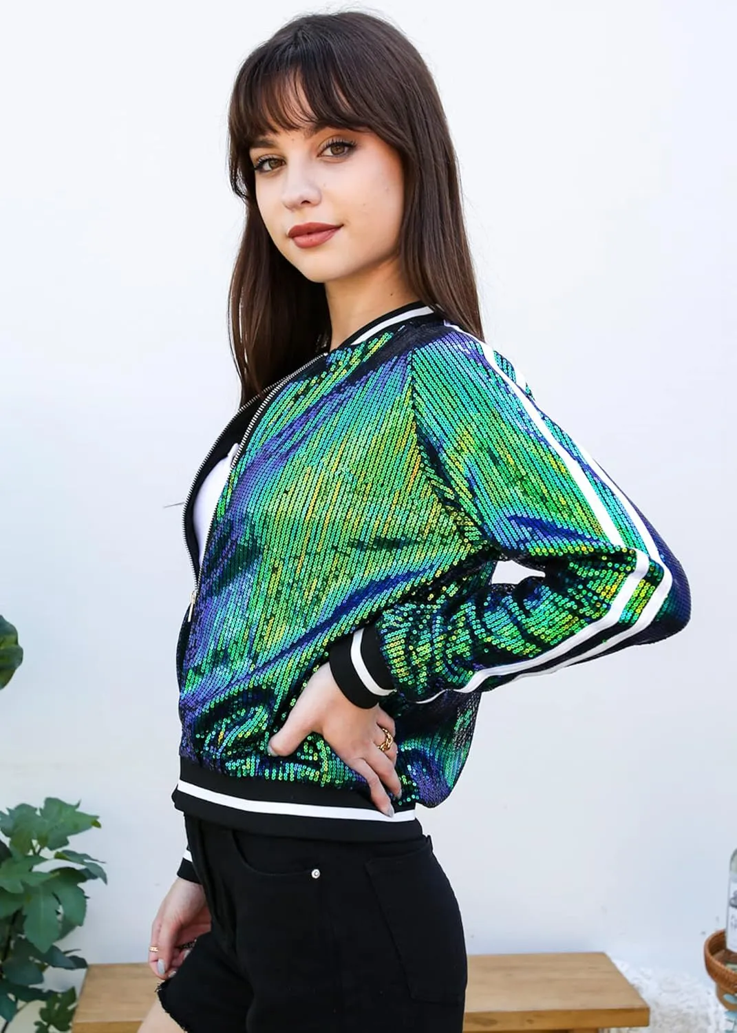 Anna-Kaci Womens Long Sleeve Front Zip Track Stripe Sequin Bomber Jacket