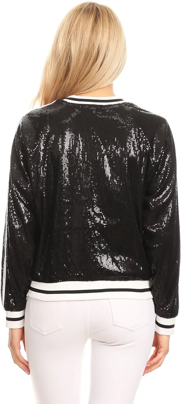 Anna-Kaci Womens Long Sleeve Front Zip Track Stripe Sequin Bomber Jacket