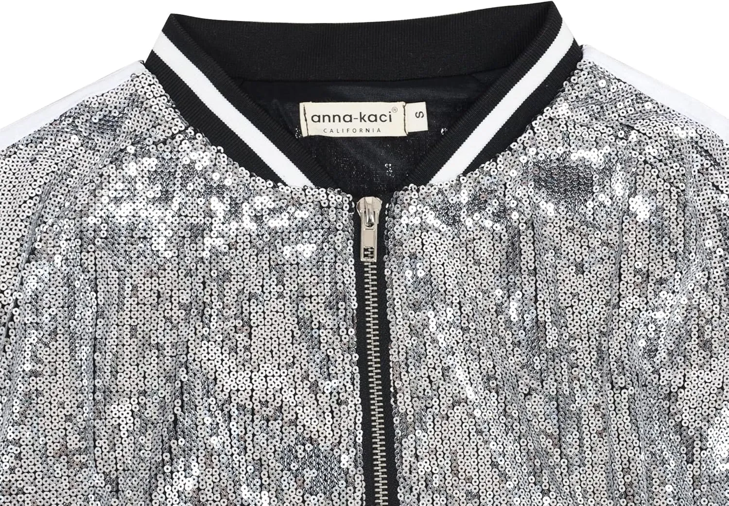 Anna-Kaci Womens Long Sleeve Front Zip Track Stripe Sequin Bomber Jacket