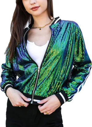Anna-Kaci Womens Long Sleeve Front Zip Track Stripe Sequin Bomber Jacket