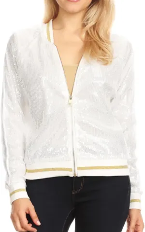 Anna-Kaci Womens Long Sleeve Front Zip Track Stripe Sequin Bomber Jacket