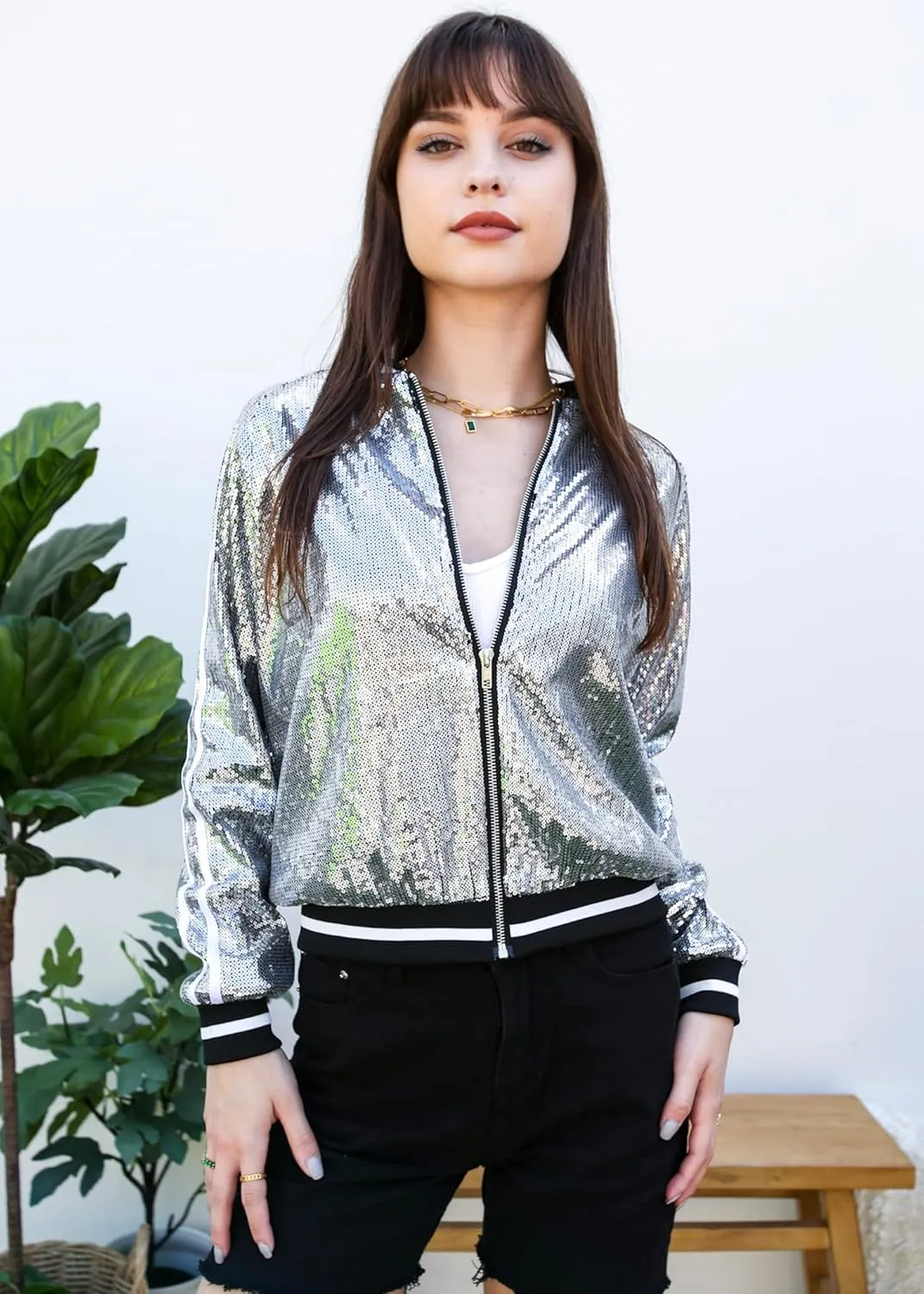 Anna-Kaci Womens Long Sleeve Front Zip Track Stripe Sequin Bomber Jacket