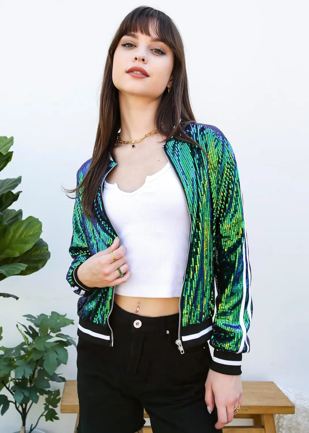 Anna-Kaci Womens Long Sleeve Front Zip Track Stripe Sequin Bomber Jacket