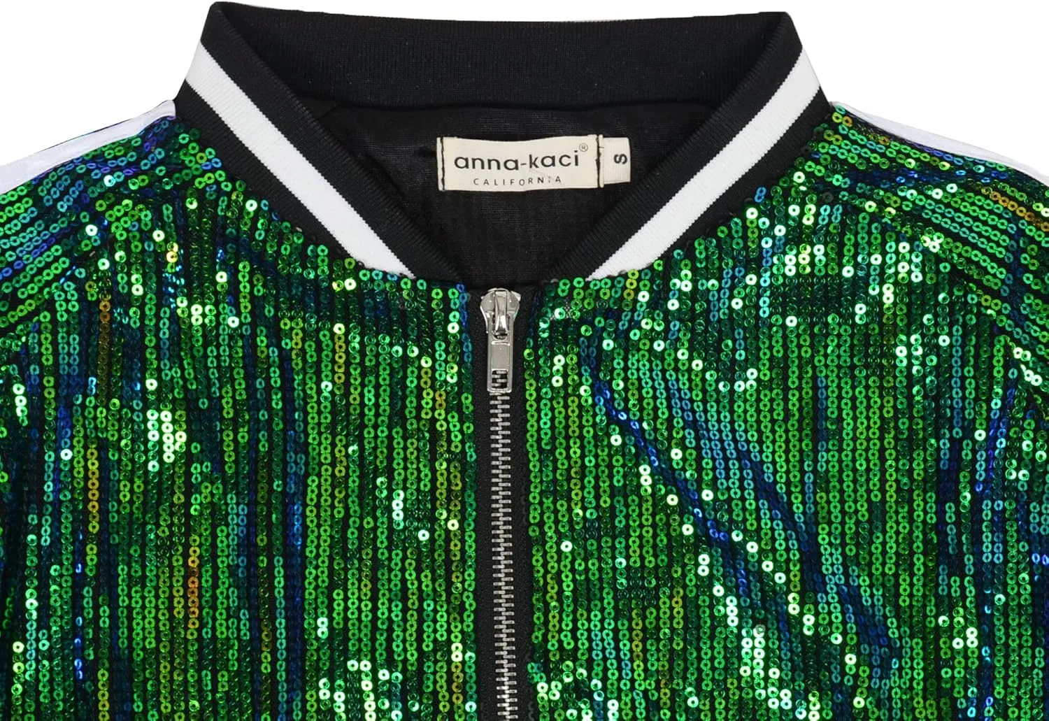 Anna-Kaci Womens Long Sleeve Front Zip Track Stripe Sequin Bomber Jacket