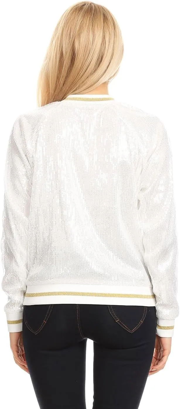Anna-Kaci Womens Long Sleeve Front Zip Track Stripe Sequin Bomber Jacket