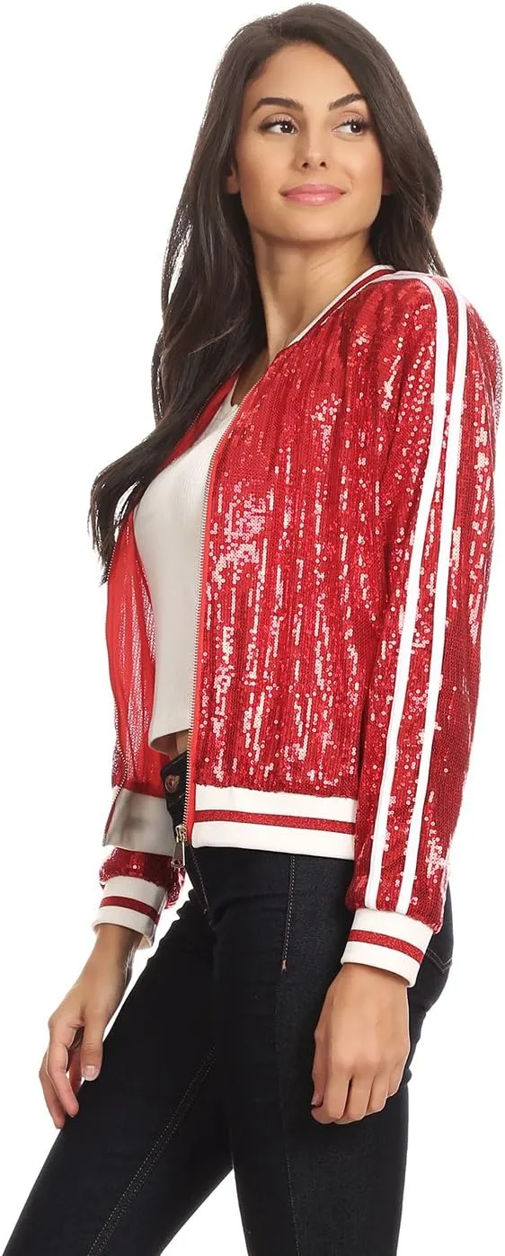 Anna-Kaci Womens Long Sleeve Front Zip Track Stripe Sequin Bomber Jacket
