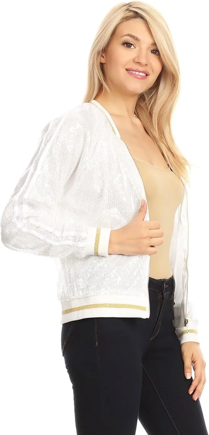 Anna-Kaci Womens Long Sleeve Front Zip Track Stripe Sequin Bomber Jacket