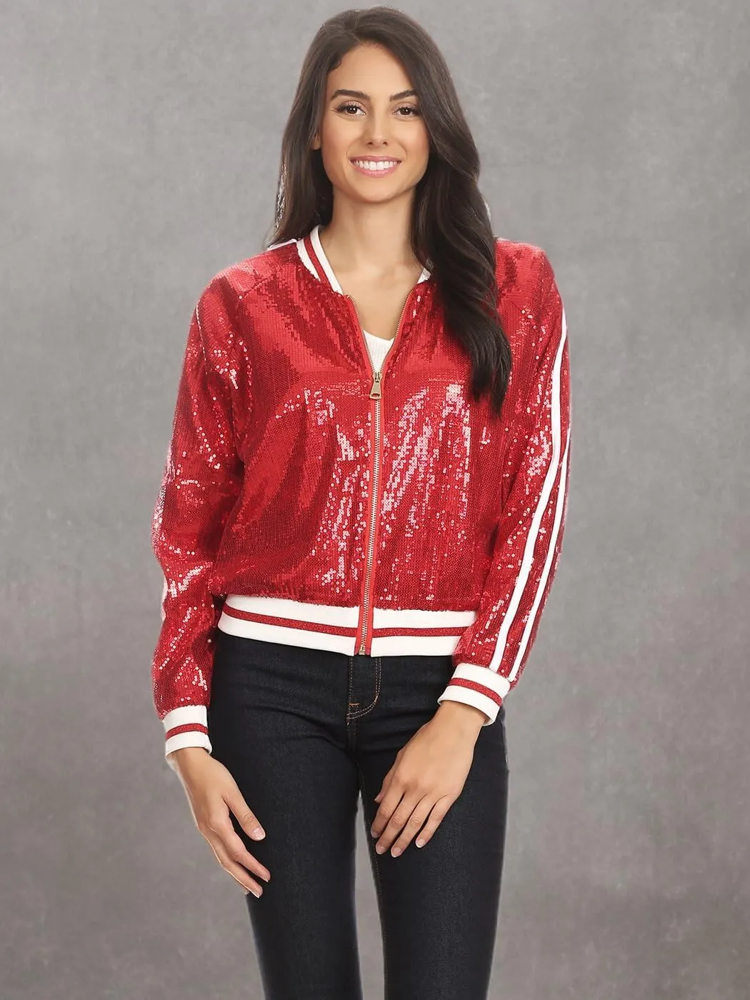Anna-Kaci Womens Long Sleeve Front Zip Track Stripe Sequin Bomber Jacket