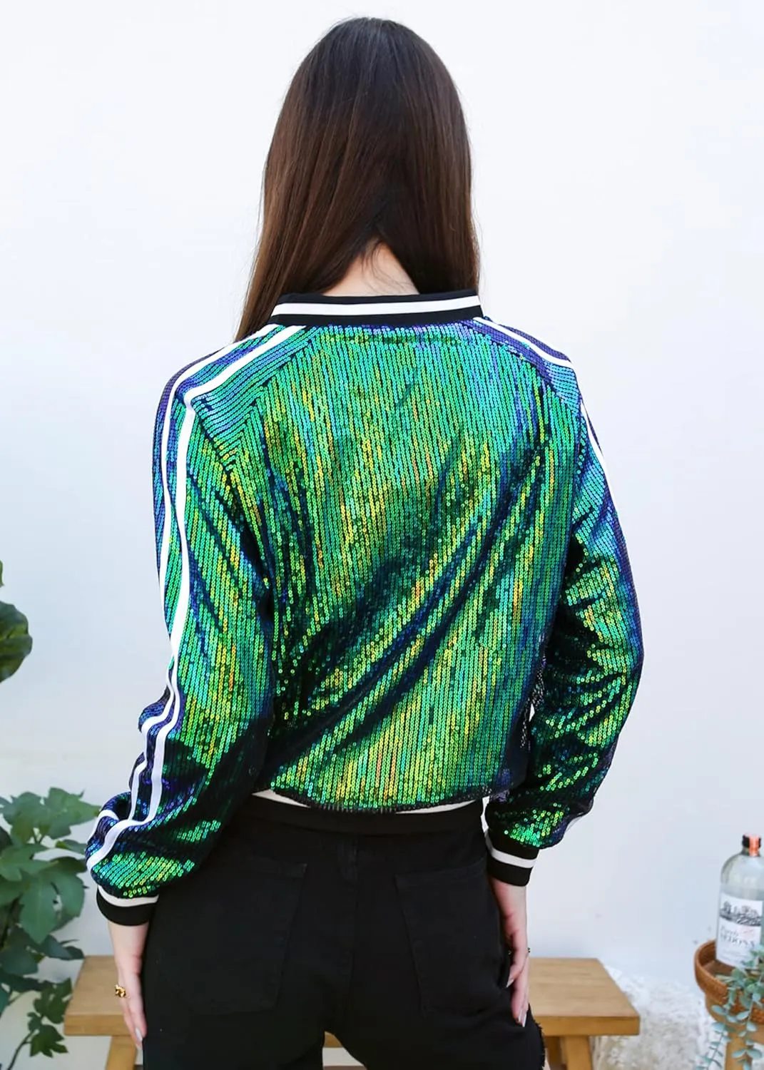 Anna-Kaci Womens Long Sleeve Front Zip Track Stripe Sequin Bomber Jacket