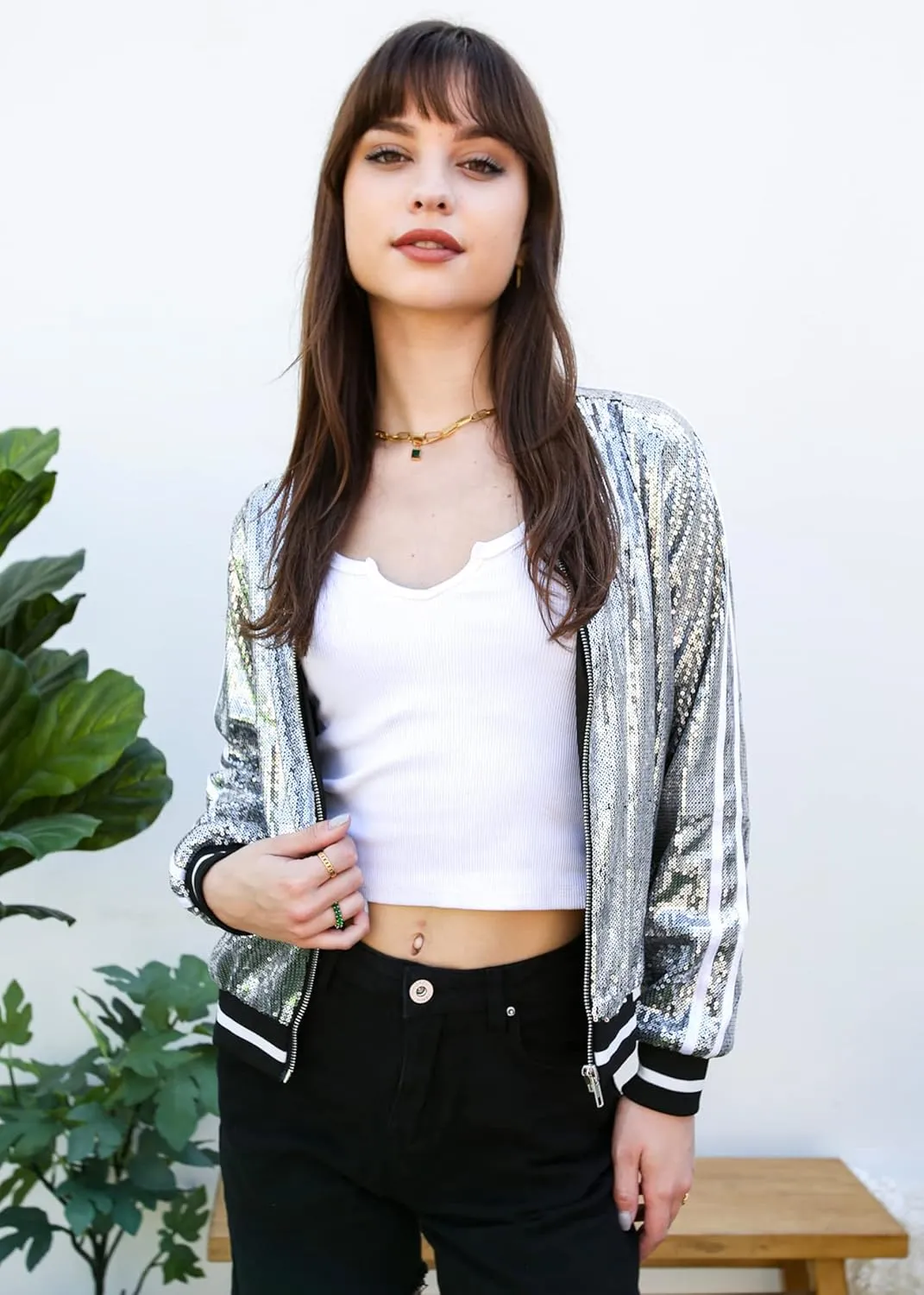 Anna-Kaci Womens Long Sleeve Front Zip Track Stripe Sequin Bomber Jacket