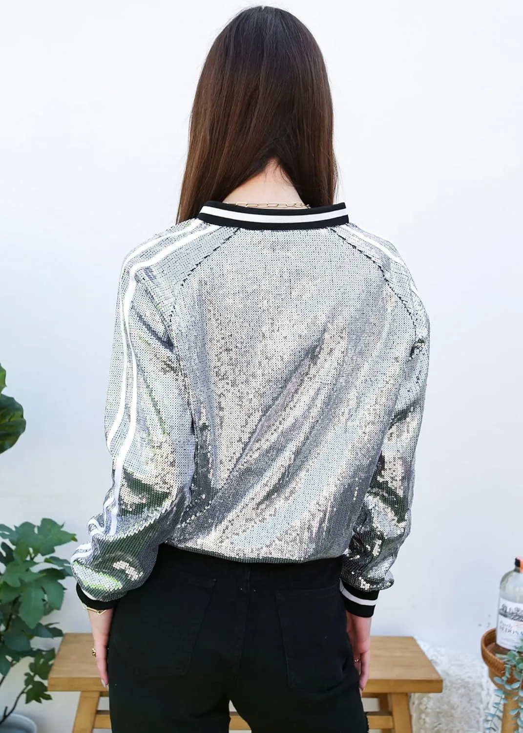 Anna-Kaci Womens Long Sleeve Front Zip Track Stripe Sequin Bomber Jacket