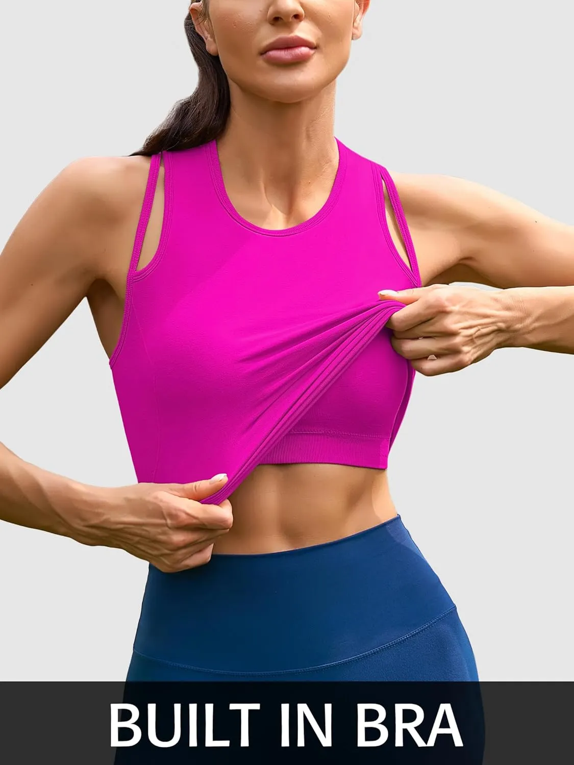 ATTRACO Cropped Workout Tops for Women Tight Side Ruched Tank Tops Built in Bra Athletic Yoga Gym Top