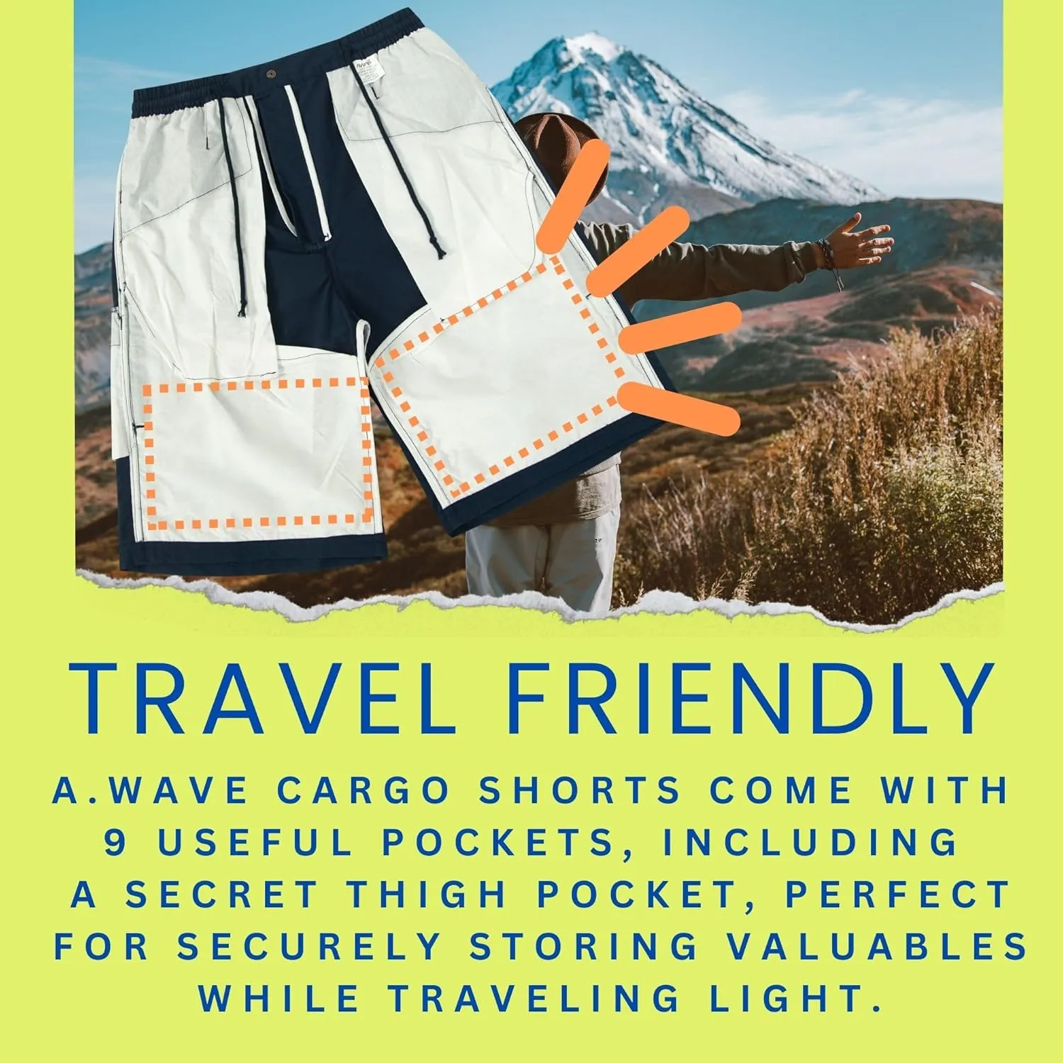 A.WAVE Men's Multi-Pockets Drawstring Elastic Waist Cargo Shorts Relaxed fit 11 inch Inseam Below Knee Quick Dry