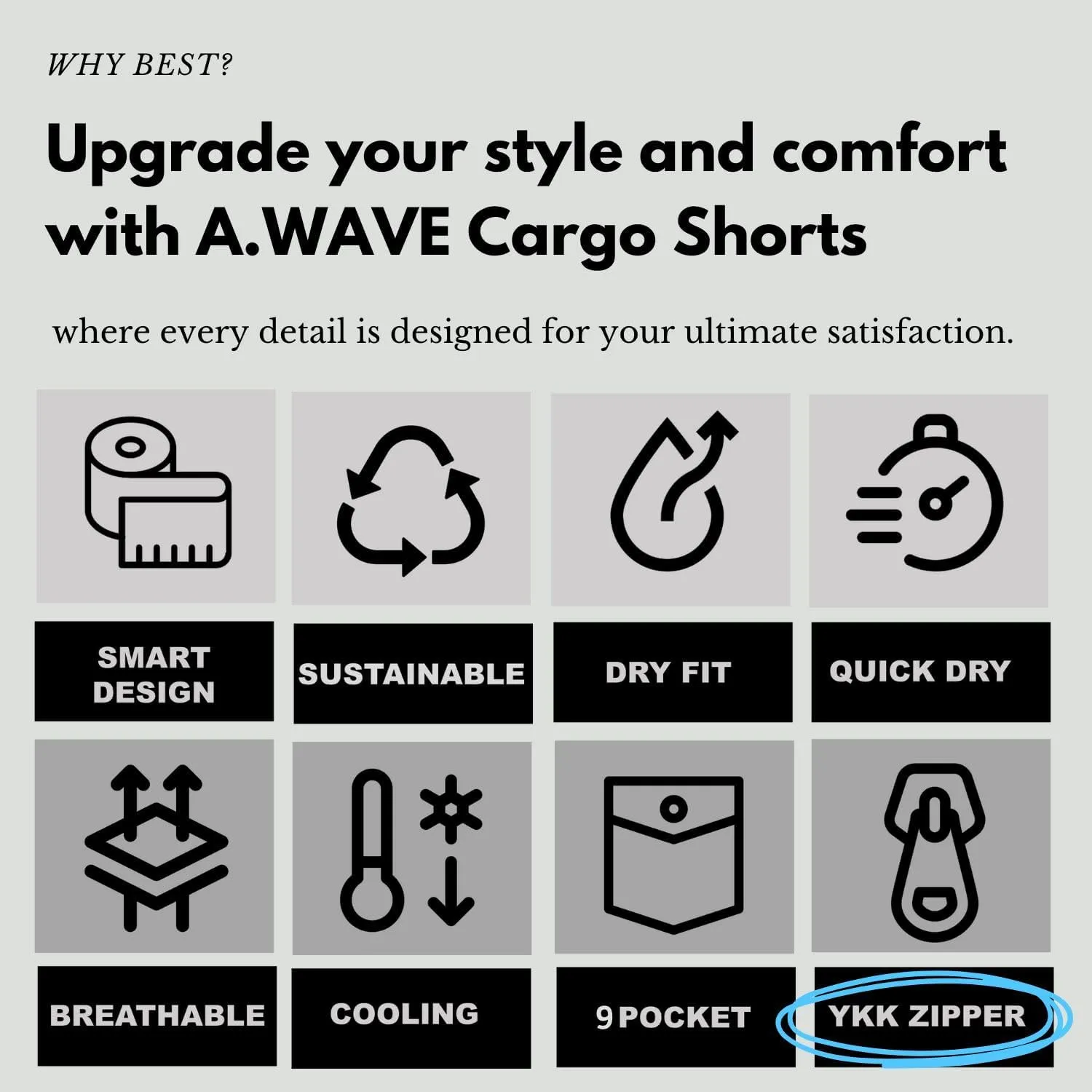 A.WAVE Men's Multi-Pockets Drawstring Elastic Waist Cargo Shorts Relaxed fit 11 inch Inseam Below Knee Quick Dry