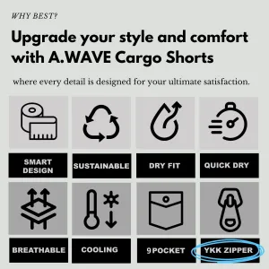 A.WAVE Men's Multi-Pockets Drawstring Elastic Waist Cargo Shorts Relaxed fit 11 inch Inseam Below Knee Quick Dry