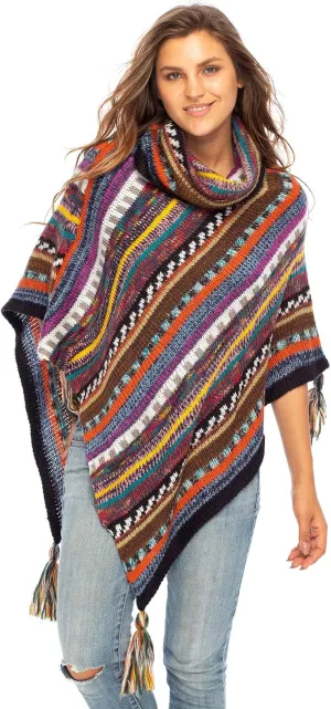 Back From Bali Womens Knit Sweater Cape Boho Soft T Neck Cowl Neck Poncho Tassels
