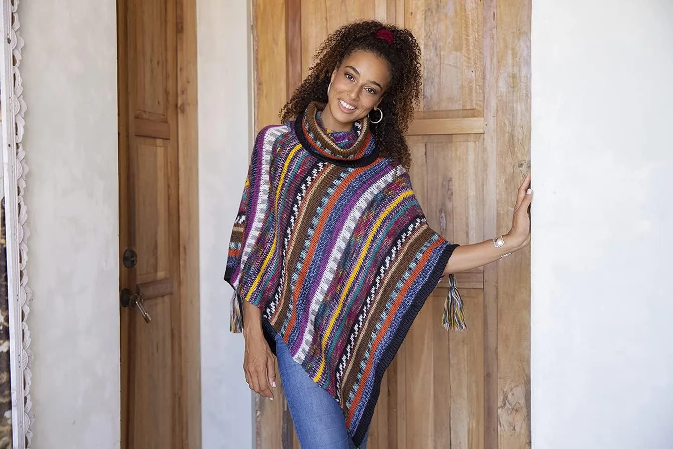 Back From Bali Womens Knit Sweater Cape Boho Soft T Neck Cowl Neck Poncho Tassels
