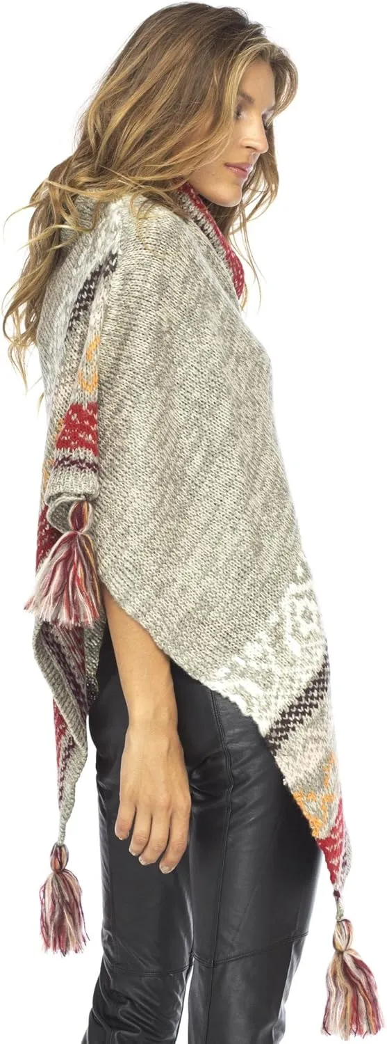 Back From Bali Womens Knit Sweater Cape Boho Soft T Neck Cowl Neck Poncho Tassels