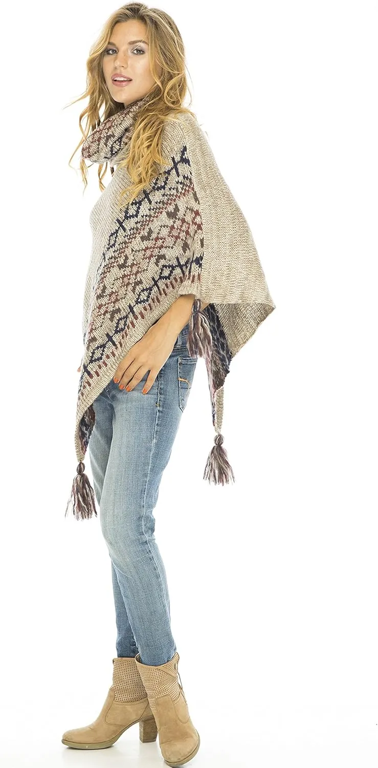 Back From Bali Womens Knit Sweater Cape Boho Soft T Neck Cowl Neck Poncho Tassels