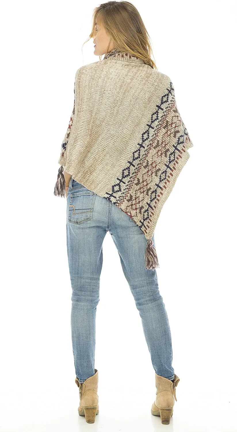 Back From Bali Womens Knit Sweater Cape Boho Soft T Neck Cowl Neck Poncho Tassels