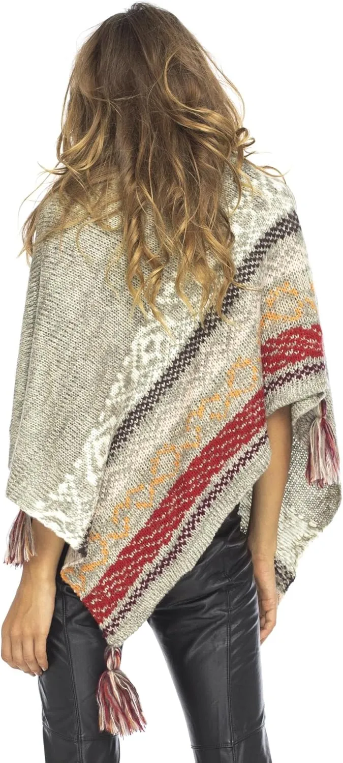 Back From Bali Womens Knit Sweater Cape Boho Soft T Neck Cowl Neck Poncho Tassels